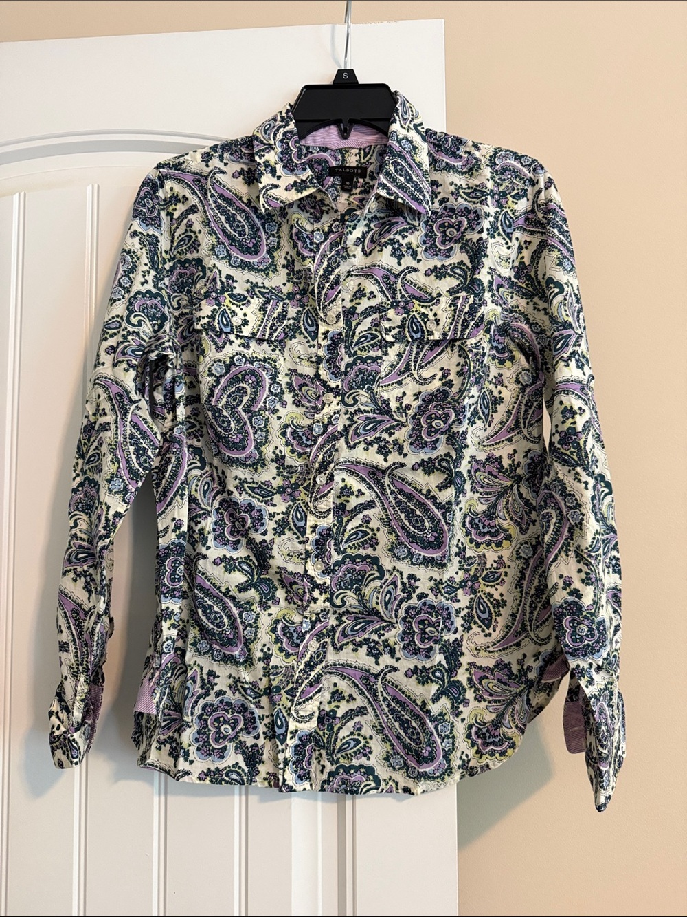 Talbots Women's Paisley Button-Down Shirt in Cream, Purple, and Green